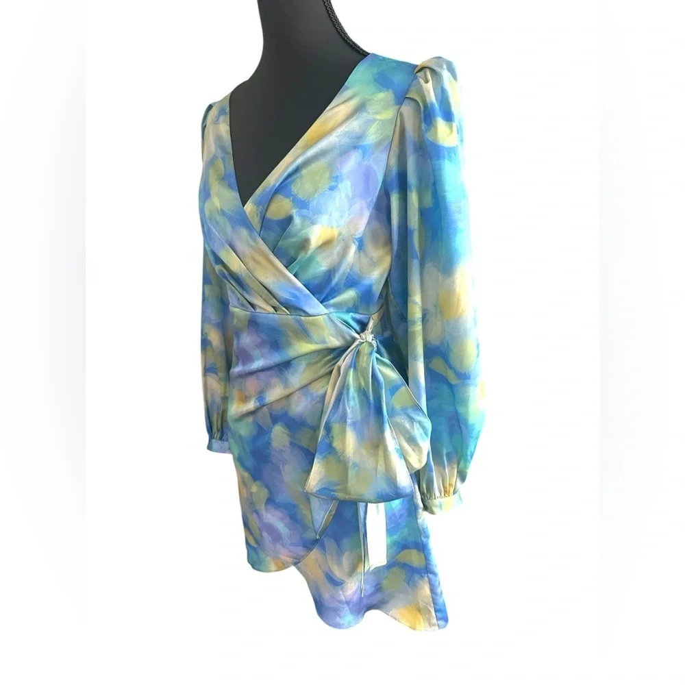 NWT Badgley Mischka Blue & Yellow Watercolor Long Sleeve Satiny Wrap Dress - Picture 4 of 10